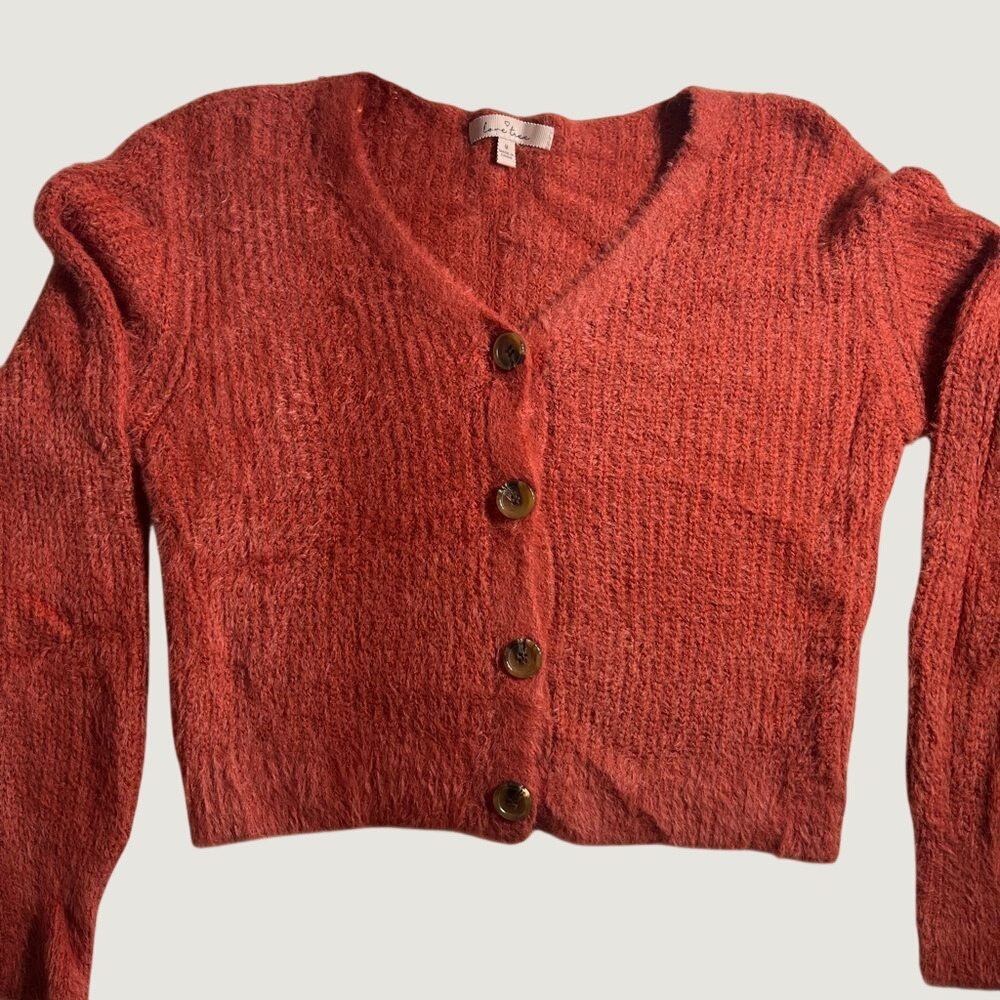 Love Tree Womens Fuzzy Ribbed Cropped Cardigan Rust Orange V-Neck Sweater M